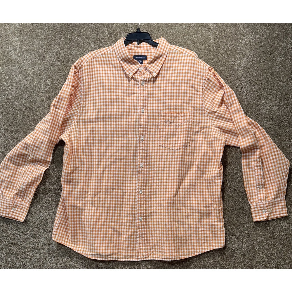 Lands' End Men's Button Down Long Sleeve Linen Blend Orange Check Shirt XXL‎